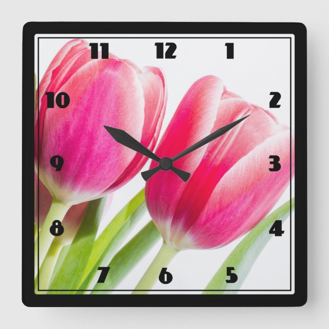 Pink Tulips with Green Leaves Photo Square Wall Clock (Front)