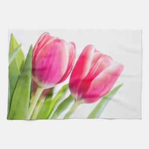Pink Tulips with Green Leaves Photo Tea Towel