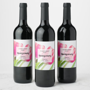 Pink Tulips with Green Leaves Photo Wine Making Label
