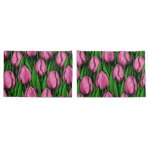 Pink tulips with green leaves pillowcase