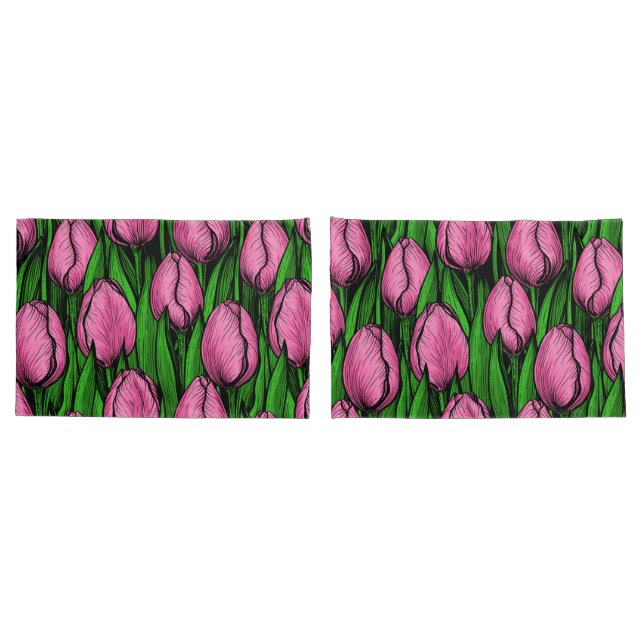 Pink tulips with green leaves pillowcase (Back-Set)