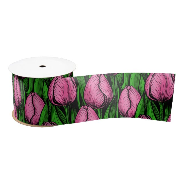 Pink tulips with green leaves satin ribbon (Spool)