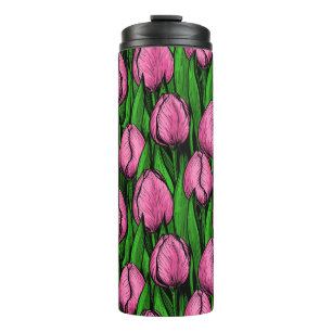 Pink tulips with green leaves thermal tumbler