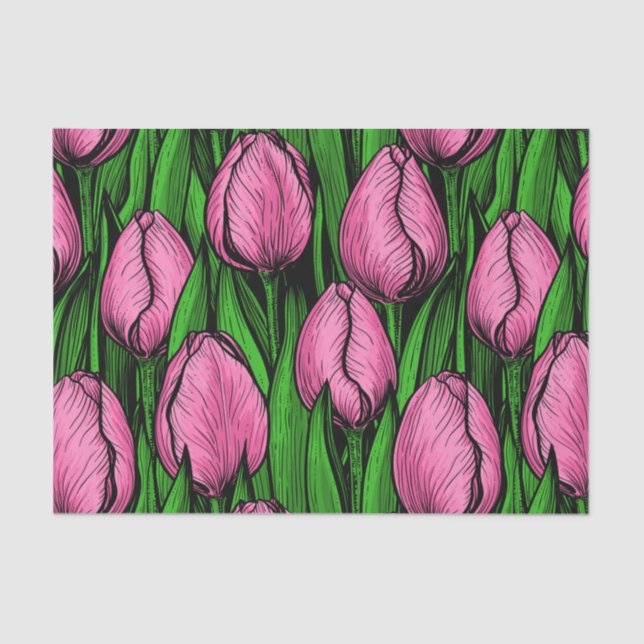 Pink tulips with green leaves tissue paper (Front)