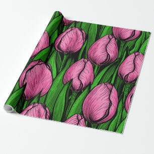 Pink tulips with green leaves wrapping paper