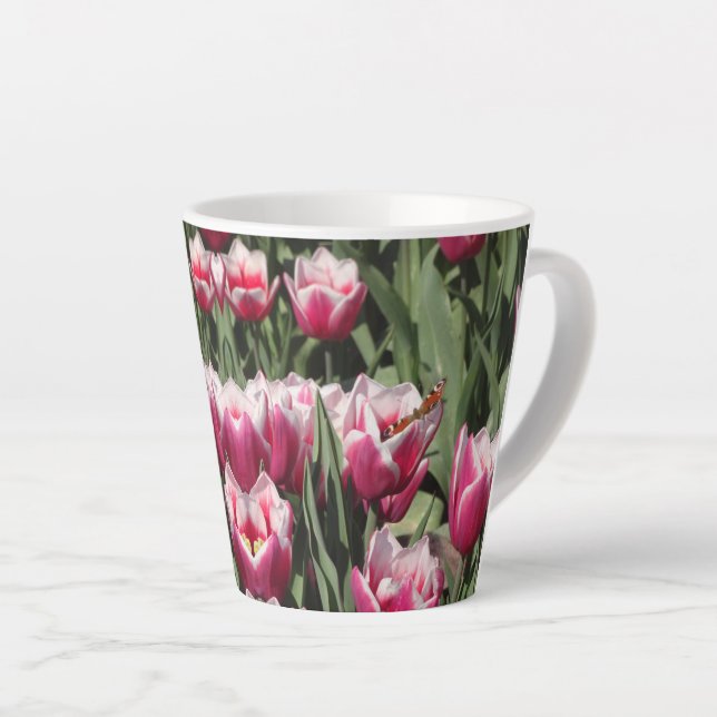 Pink Tulips with PeacockButterfly Latte Mug (Right Angle)