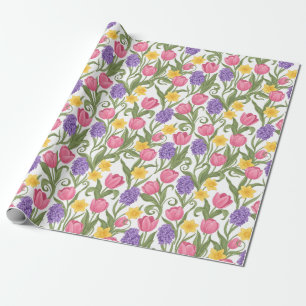 Pink Tulips, Yellow Daffodils, Purple Hyacinths Wrapping Paper