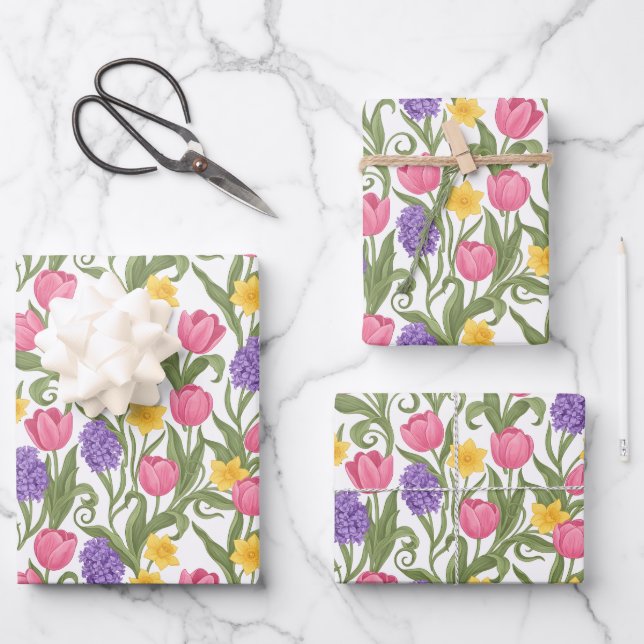 Pink Tulips, Yellow Daffodils, Purple Hyacinths Wrapping Paper Sheet (Front)