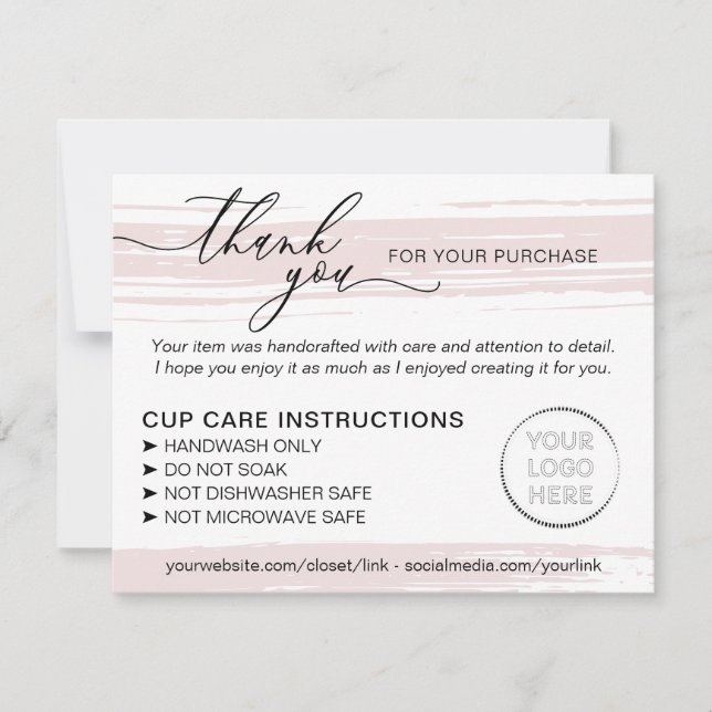 Pink Tumbler Cup Mug Instructions Care Thank You Card (Front)