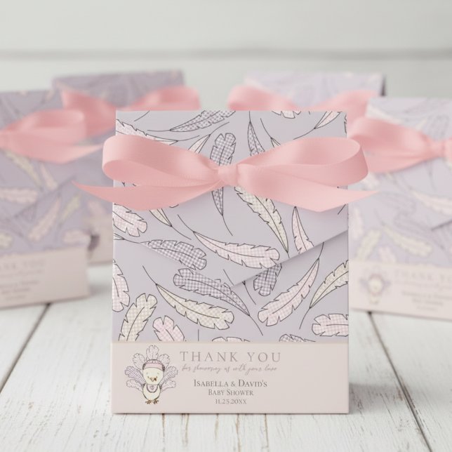 Pink Turkey & Feathers Fall Girl Baby Shower Favour Box (Little Turkey Feathers Thanksgiving Baby Shower for Fall or Autumn. Cute Gingham Feather Pattern)