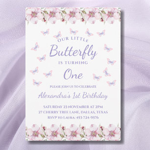 Pink Turning One Our Little Butterfly 1st Birthday Invitation
