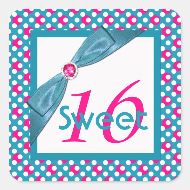 Pink, Turquoise, and White Sweet 16 Square Sticker (Front)