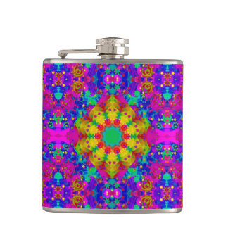 Pink Turquoise and Yellow Retro Pattern Hip Flask