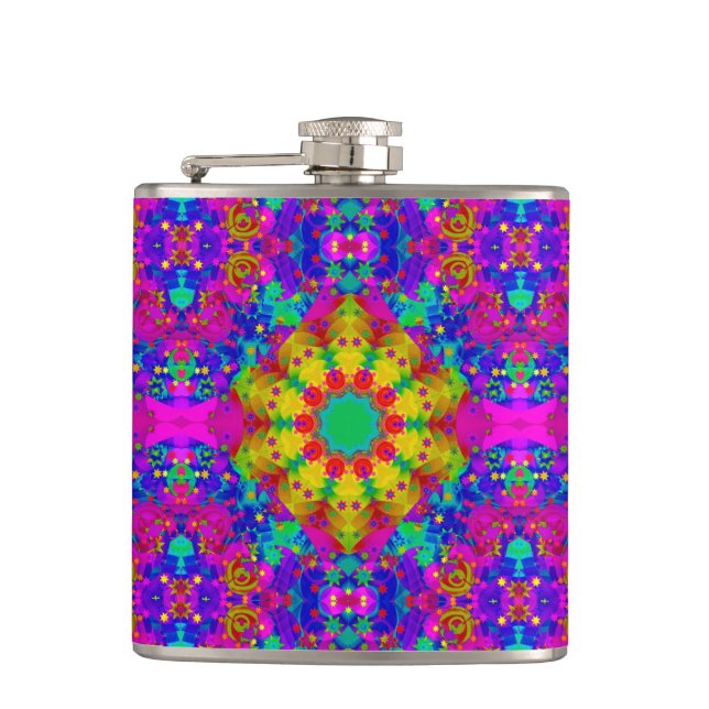 Pink Turquoise and Yellow Retro Pattern Hip Flask (Front)