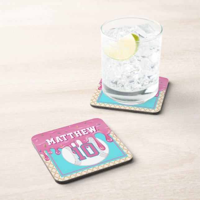 Pink & Turquoise Baseball Drip Birthday Party Coaster (Right Side)