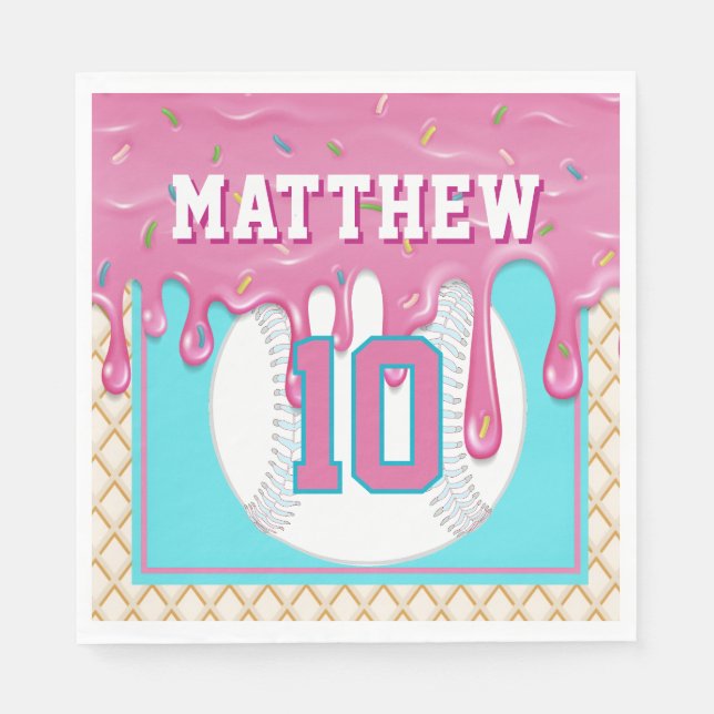 Pink & Turquoise Baseball Drip Birthday Party Napkin (Front)
