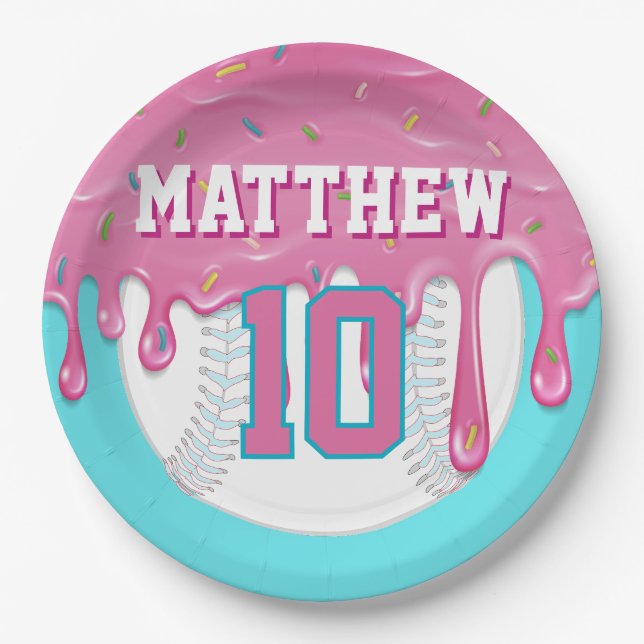 Pink & Turquoise Baseball Drip Birthday Party Paper Plate (Front)