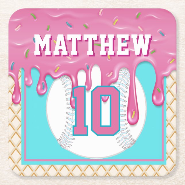Pink & Turquoise Baseball Drip Birthday Party Square Paper Coaster (Front)