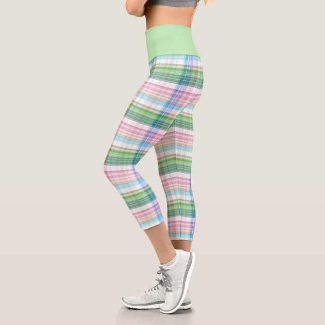 Pink Turquoise Blue Lime Green Plaid Tartan Check Capri Leggings (Left)