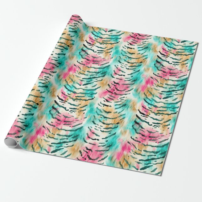 Pink, Turquoise & Brown Tiger Stripes Wrapping Paper (Unrolled)