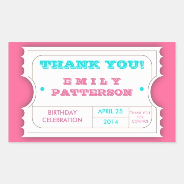 Pink Turquoise Carnival Thank You Ticket Sticker (Front)