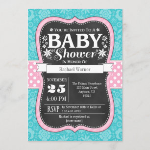 Pink Turquoise Chalkboard Floral Baby Shower Invitation