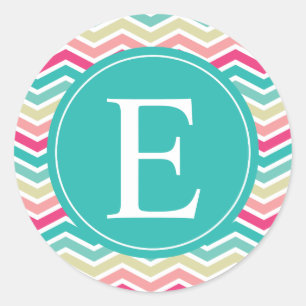 Pink Turquoise Chevron Monogram Classic Round Sticker