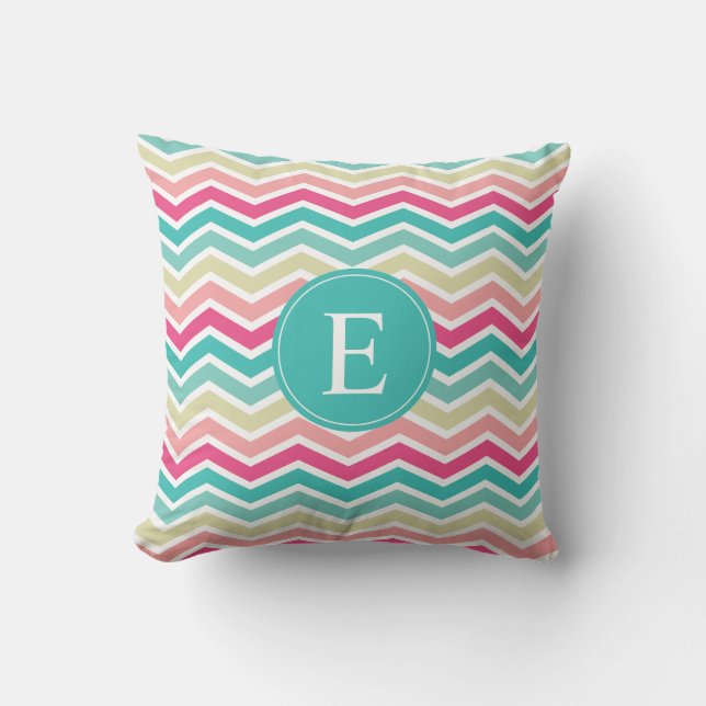 Pink Turquoise Chevron Monogram Cushion (Front)