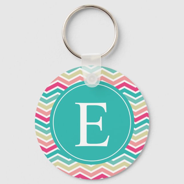 Pink Turquoise Chevron Monogram Key Ring (Front)