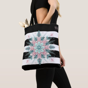 Pink Turquoise Christmas Themed Snowflake Tote Bag