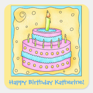 Pink Turquoise Custom Name Happy Birthday Cake Square Sticker