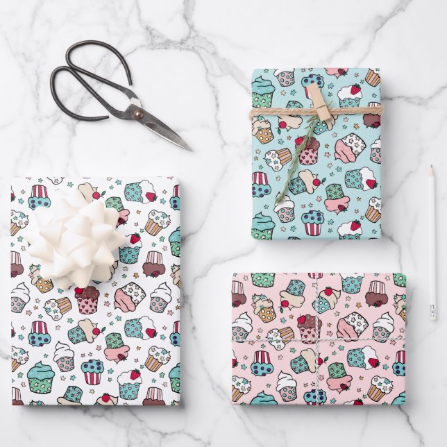 Pink Turquoise Cute Cupcake Patterns Wrapping Paper Sheet (Front)