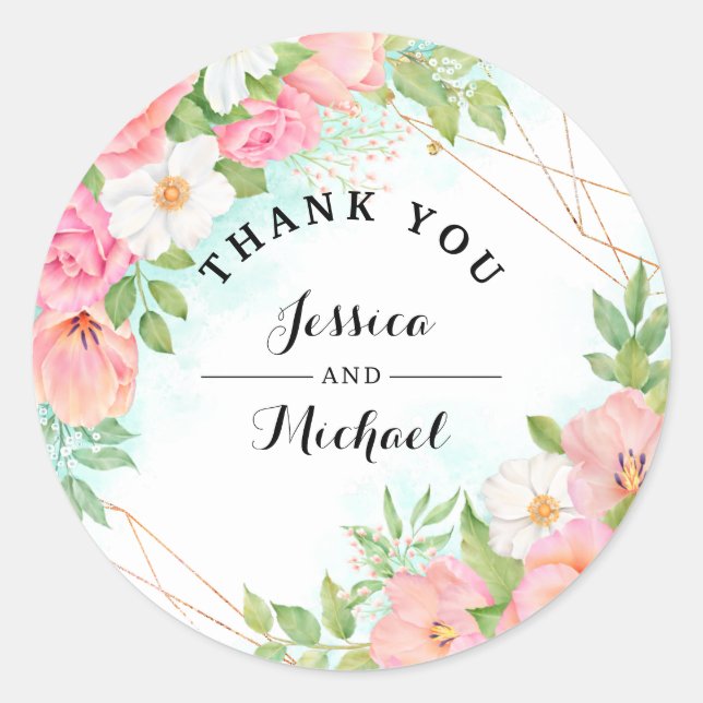 Pink Turquoise Floral Bouquet Wedding Thank You Classic Round Sticker (Front)