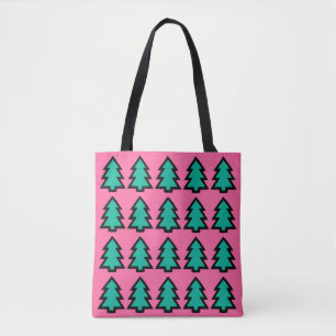 Pink & Turquoise Forest Pine Tree Pattern Tote Bag