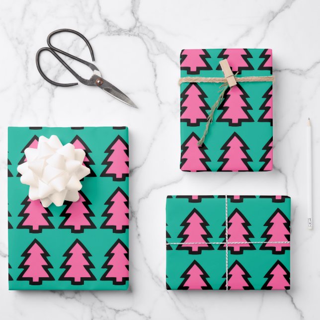Pink & Turquoise Forest Pine Tree Pattern Wrapping Paper Sheet (Front)