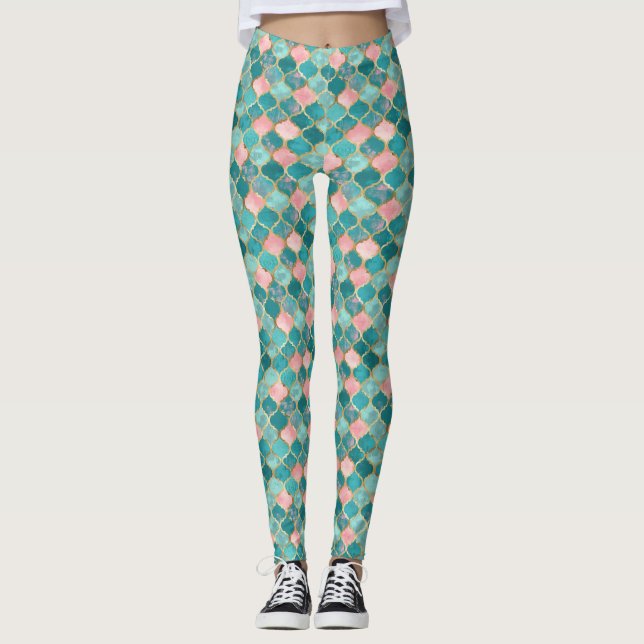Pink Turquoise Gold Pattern Elegant  Leggings (Front)