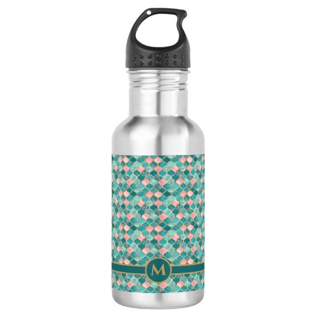 Pink Turquoise Gold Pattern Elegant Personalised 532 Ml Water Bottle (Front)