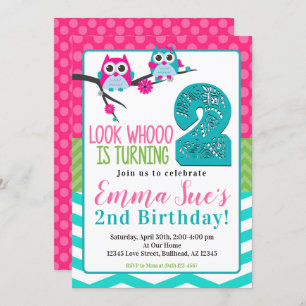 Pink Turquoise & Green Summer Owl 2nd Birthday Invitation