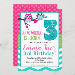 Pink Turquoise & Green Summer Owl 3rd Birthday Invitation