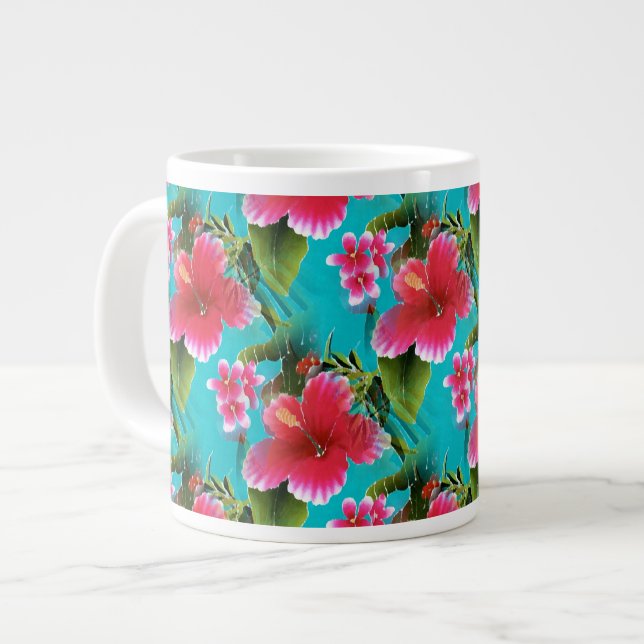 Pink Turquoise Hawaiian Hibiscus Flowers Pattern Large Coffee Mug (Front Left)