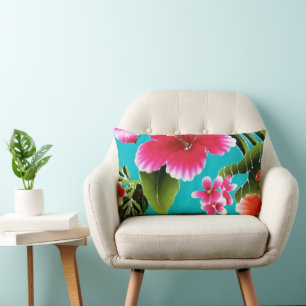 Pink Turquoise Hawaiian Hibiscus Flowers Pattern Lumbar Cushion