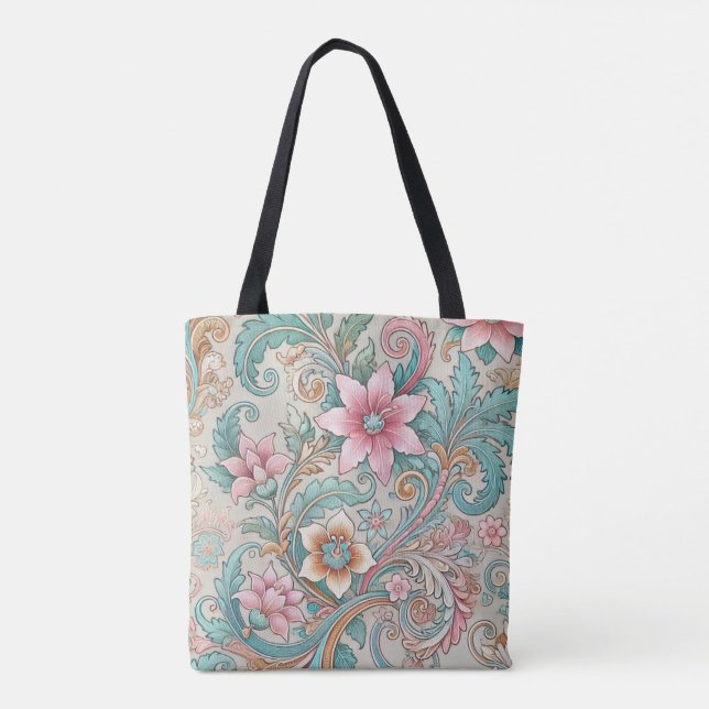 Pink Turquoise Indonesian Batik Floral Pattern Tote Bag (Back)