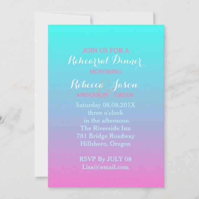 pink turquoise ombre wedding rehearsal dinner invitation (Front)