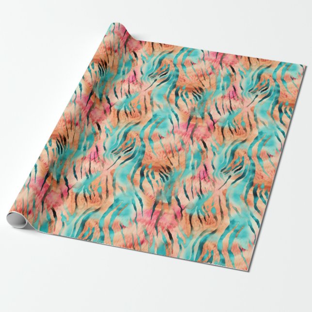 Pink, Turquoise & Orange Tiger Stripes Wrapping Paper (Unrolled)