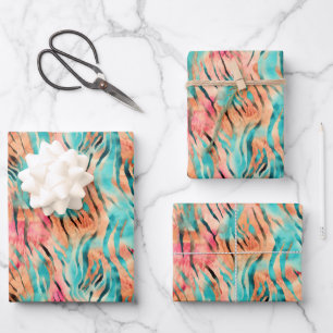 Pink, Turquoise & Orange Tiger Stripes Wrapping Paper Sheet