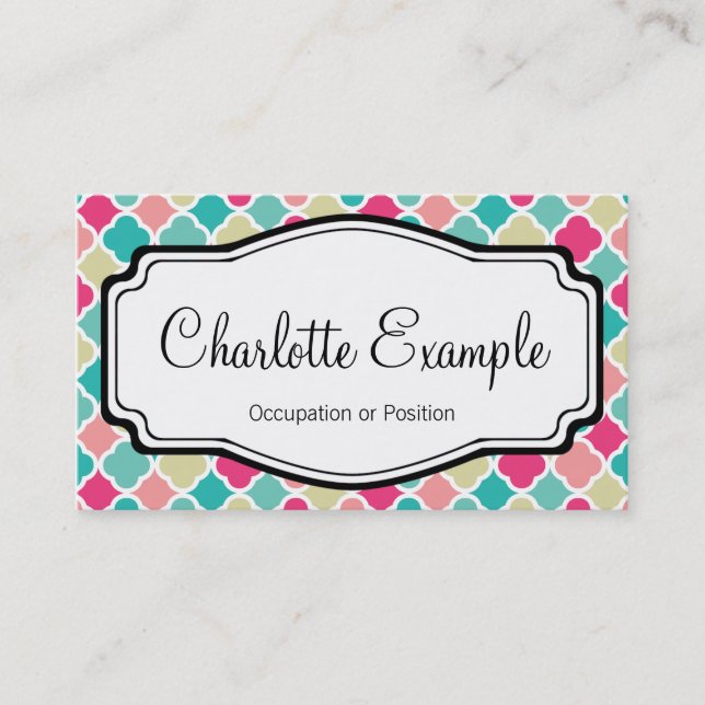 Pink Turquoise Quatrefoil Personal Business Card (Front)