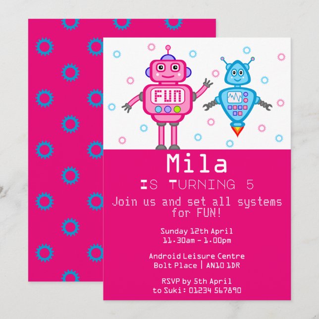 Pink & Turquoise Robots Birthday Party Invitation (Front/Back)
