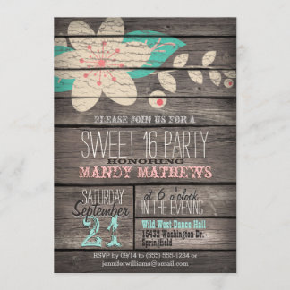 Pink & Turquoise; Rustic Wood Sweet 16 Party Invitation