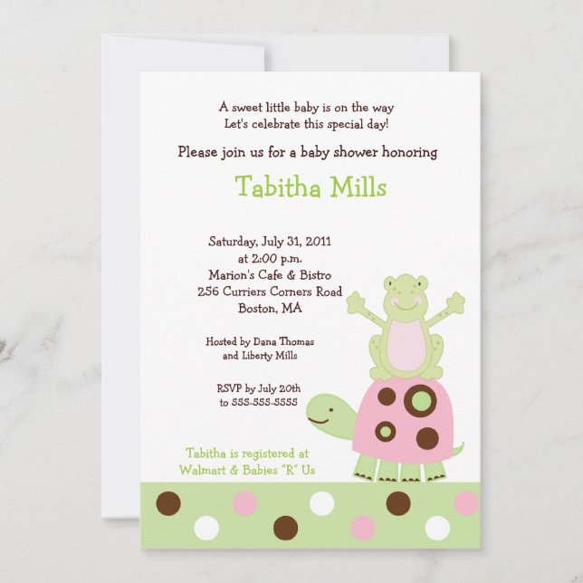 Pink Turtle and Pond Fr og Baby Shower Invitation (Front)
