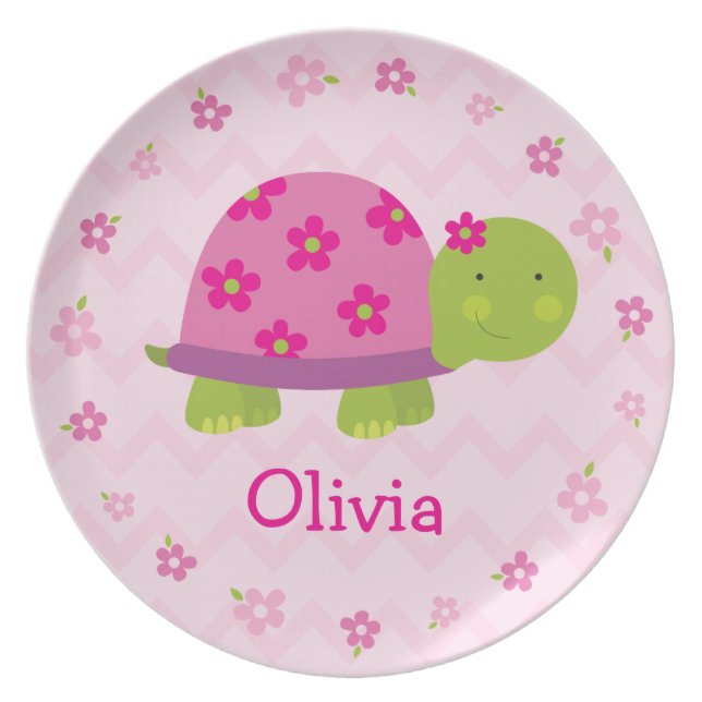 Pink Turtle Personalised Melamine Plate for Kids (Front)